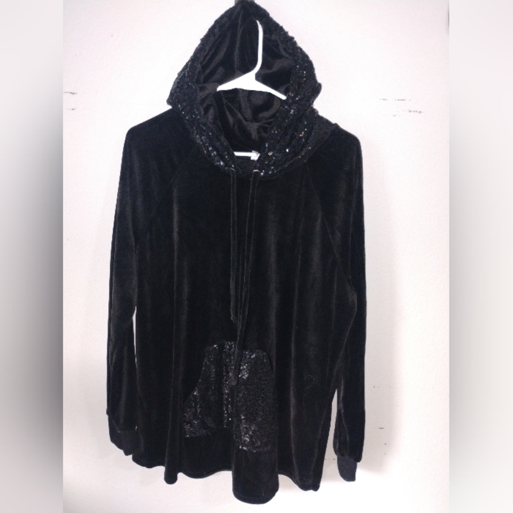 No Boundaries Black Velvet Sequin-Trim Hoodie Jacket